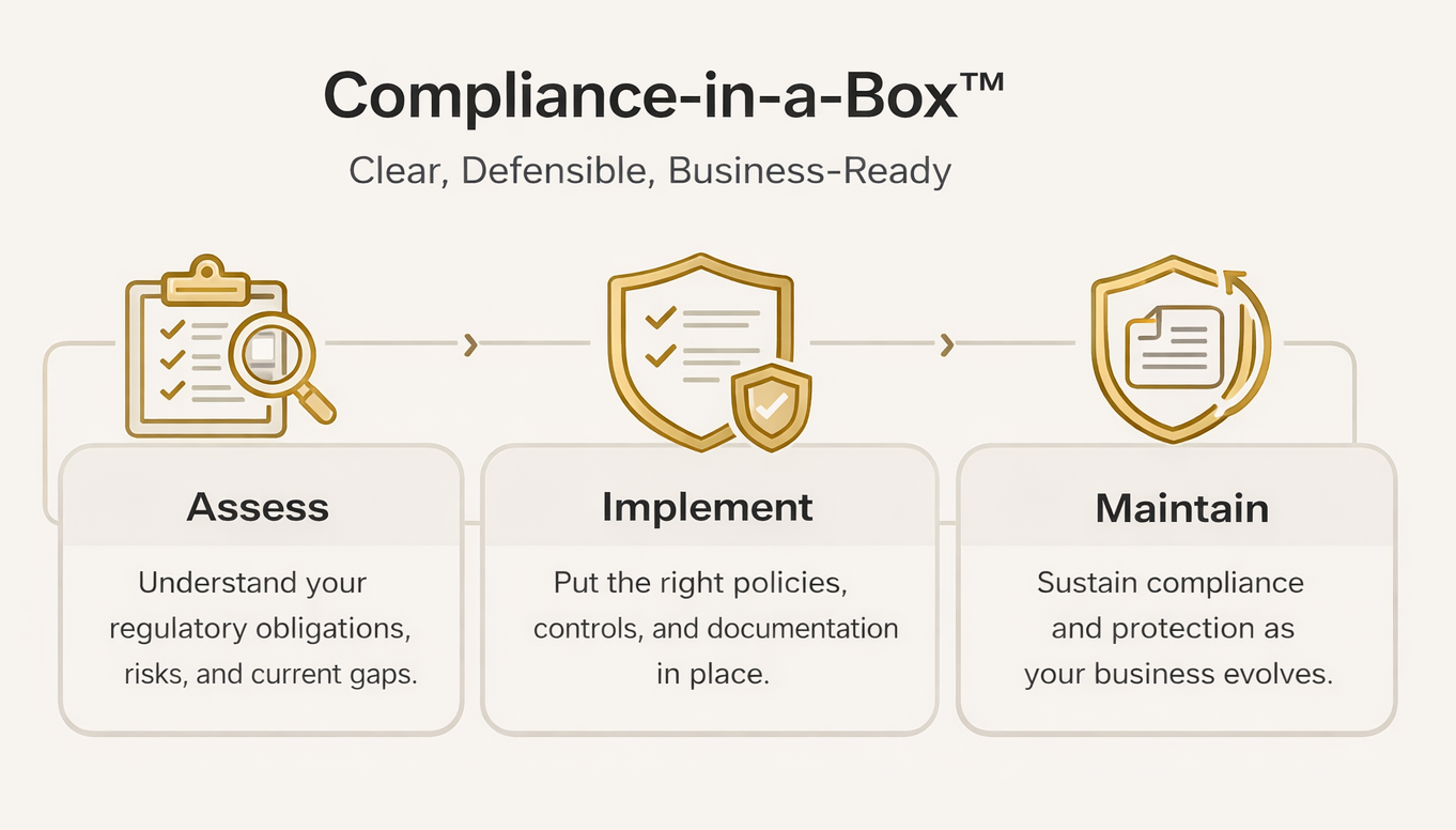 A simple, three-step infographic illustrating SecureWeb’s Compliance-in-a-Box™ process. The flow moves from left to right: 1. Assess — An icon showing documents and a checklist, representing a practical compliance and risk assessment guided by a certified DPO. 2. Implement — A shield layered over systems and policies, symbolizing the rollout of controls, documentation, and security measures aligned to real business operations. 3. Maintain — A circular arrow around a calendar and report, representing ongoing monitoring, updates, and advisory support to keep organizations compliant month-to-month. The design uses SecureWeb’s neutral background, gold accents, and minimal line icons to convey clarity, trust, and professionalism without technical complexity.