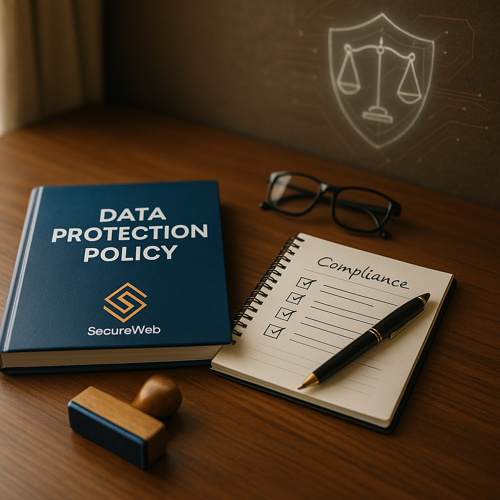 Close-up of a wooden desk with a Data Protection Policy binder, compliance checklist notebook, pen, glasses, and stamp, symbolising SecureWeb’s compliance and regulatory support for African SMEs.