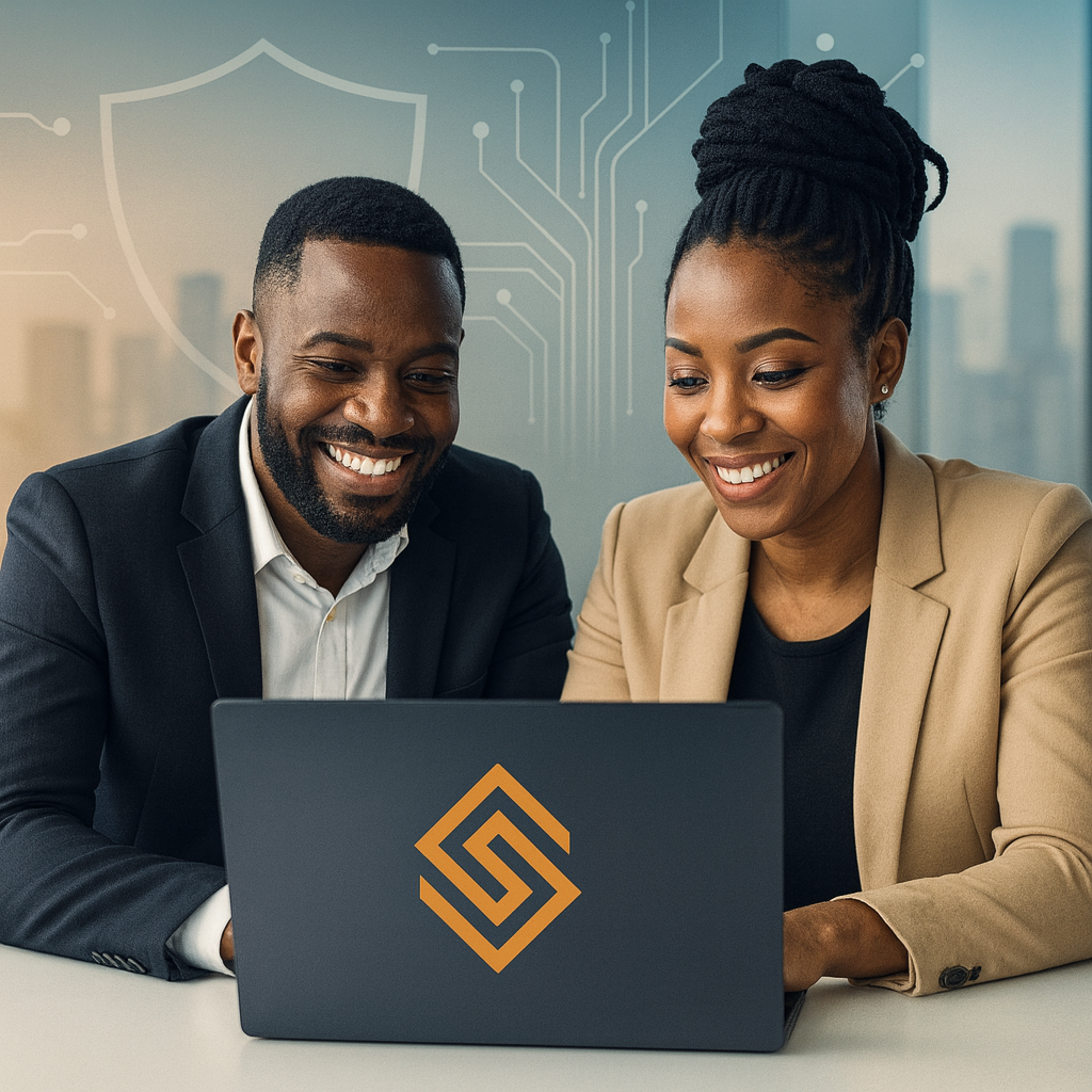 Two African professionals smiling while reviewing cybersecurity plans on a laptop with a SecureWeb icon, representing SecureWeb’s protection for small and midsize businesses.