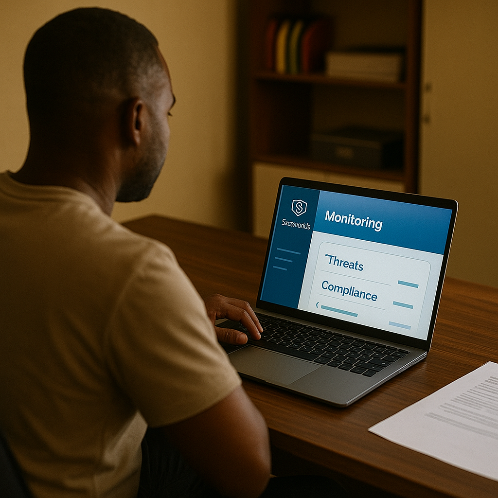 A man of African descent sits at a desk reviewing a security monitoring dashboard on his laptop, representing SecureWeb’s ongoing protection and managed security for small and midsize businesses.