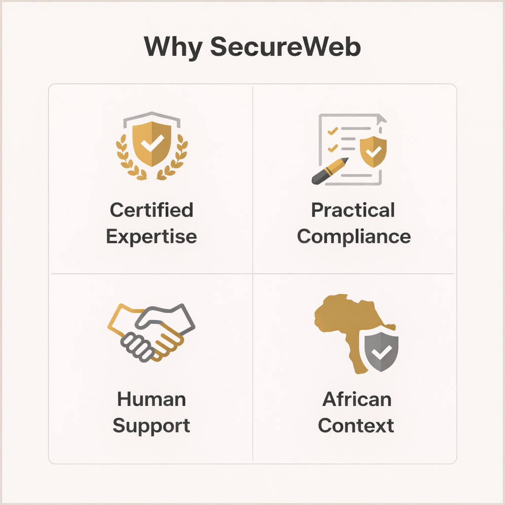 A square, minimalist infographic presenting SecureWeb’s four pillars: Certified Expertise, Practical Compliance, Human Support, and African Context. Each pillar is represented by a simple gold line icon on a light neutral background, with generous spacing and clear visual hierarchy. The design reflects SecureWeb’s calm, professional, and human-centered approach to cybersecurity and compliance for African businesses.