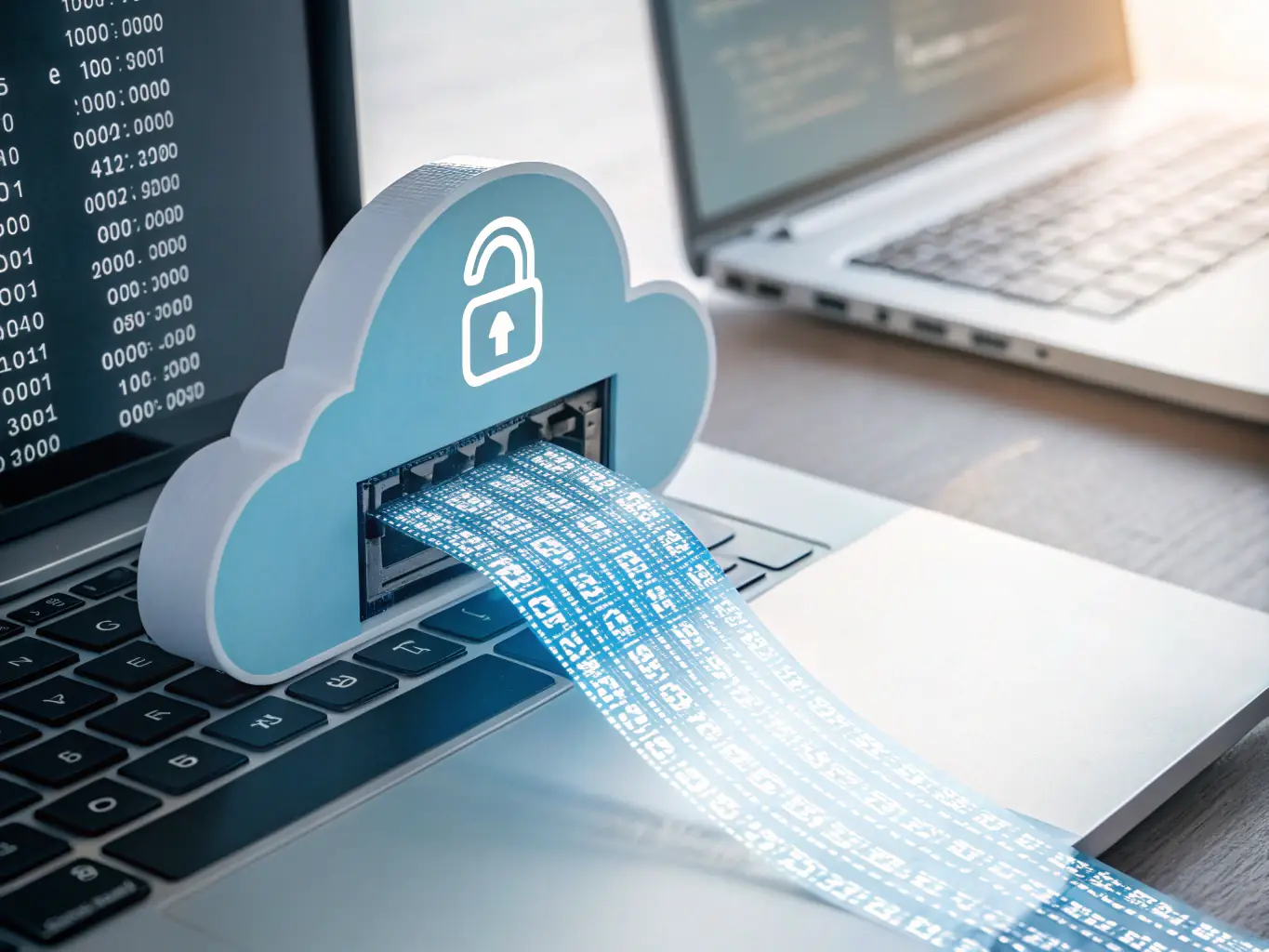 An illustration of data flowing into a cloud storage system, highlighting SecureWeb's cloud and data solutions.