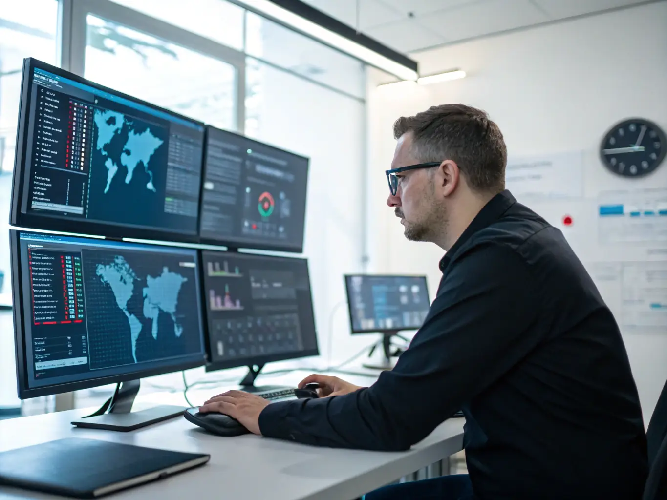 A professional graphic depicting a network security analyst monitoring a dashboard with threat detections, symbolizing SecureWeb's cybersecurity solutions.