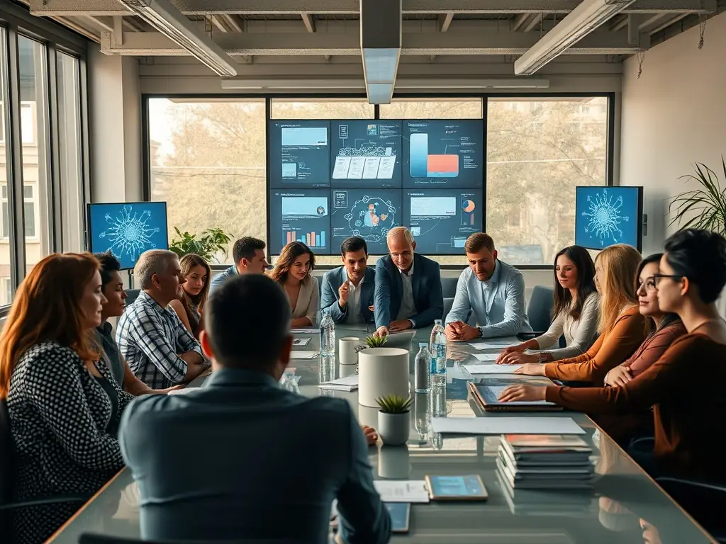 An image depicting a diverse team of cybersecurity experts collaborating in a modern office environment, emphasizing SecureWeb's expertise and teamwork.