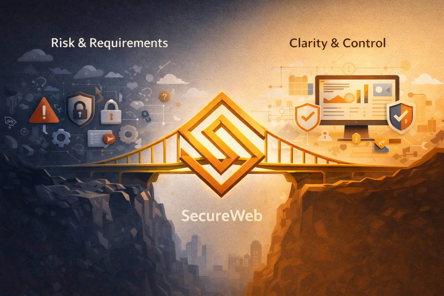 Digital illustration of the SecureWeb logo forming a golden bridge between two cliffs. The left side, titled ‘Risk & Requirements,’ shows dark security icons and alerts. The right side, titled ‘Clarity & Control,’ shows a bright dashboard with shields and checkmarks. The word ‘SecureWeb’ sits below the bridge, symbolising how SecureWeb connects regulatory risk to clear, manageable controls.