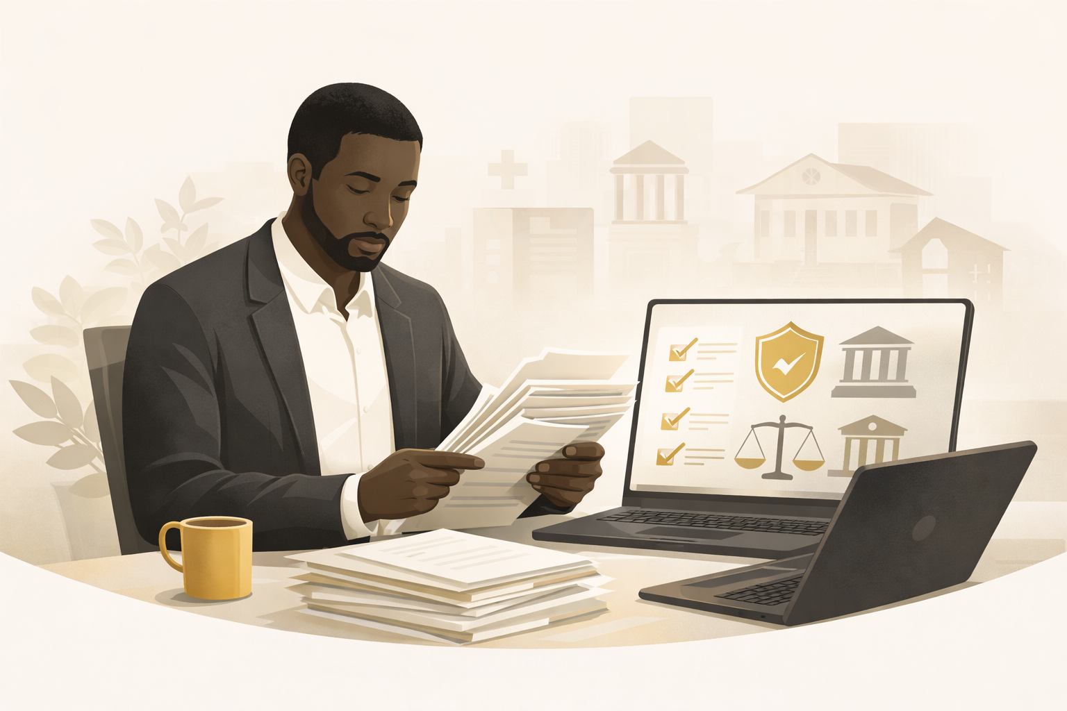 Illustration of an African professional reviewing documents beside a laptop showing legal and banking icons, symbolising SecureWeb helping regulated and high-risk organisations in sectors like finance, health, and education stay compliant and ready for audits.