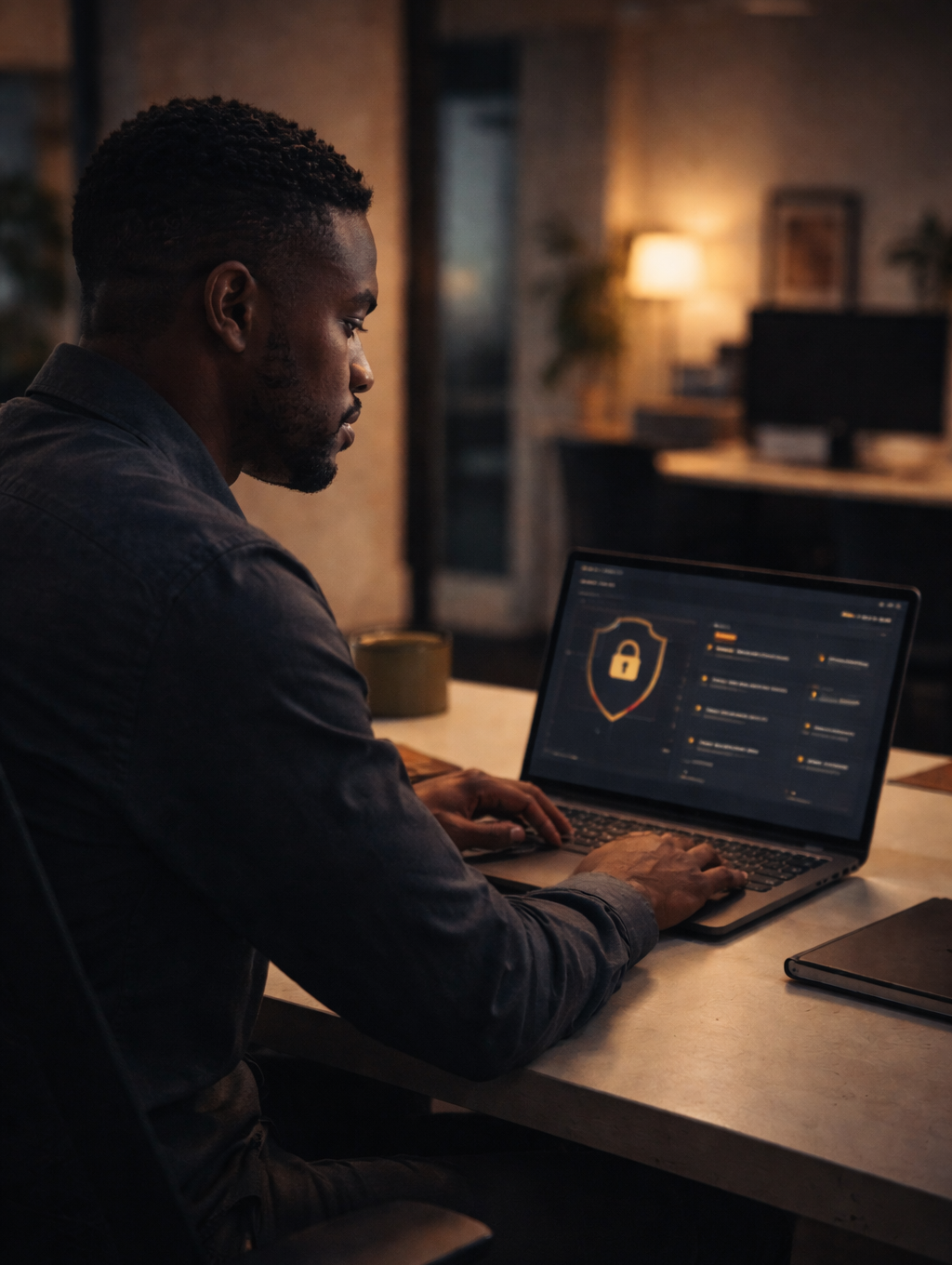 African cybersecurity lead in a modern SME office calmly reviewing an early security alert on a laptop dashboard, illustrating SecureWeb’s early threat detection and data protection for African businesses.