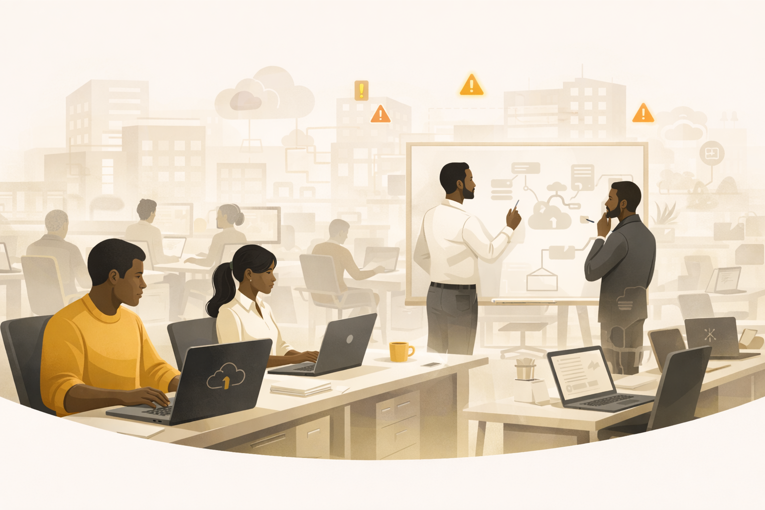 Illustration of a diverse African office team working at laptops with subtle alert icons in the background, while two leaders discuss a security diagram on a screen, representing SecureWeb managing digital risk and scaling security as organisations grow.