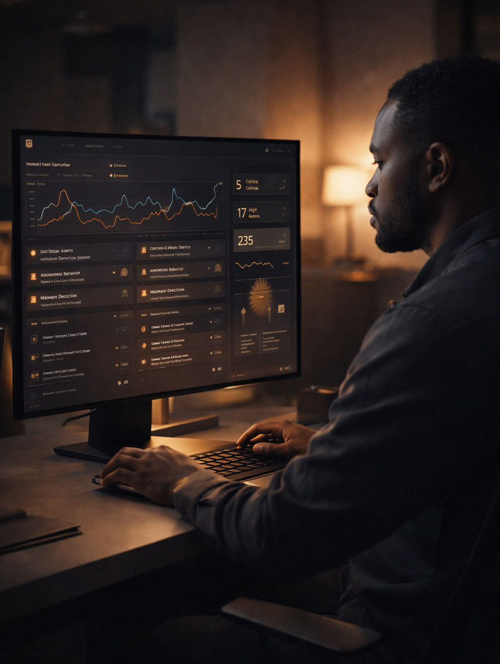 Incident response analyst in a softly lit office reviewing highlighted alerts on a large security dashboard screen, representing SecureWeb’s calm, structured incident triage and investigation for African organisations.