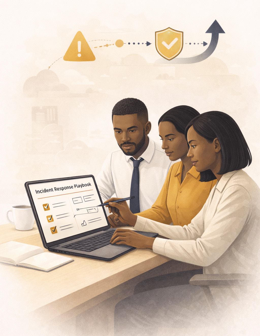 Illustration of an African incident response team reviewing a laptop with a simple playbook, with icons flowing from an alert symbol to a protective shield and recovery arrow, representing SecureWeb’s Incident Response & Recovery service that helps organisations contain incidents, meet regulatory expectations and restore operations calmly.