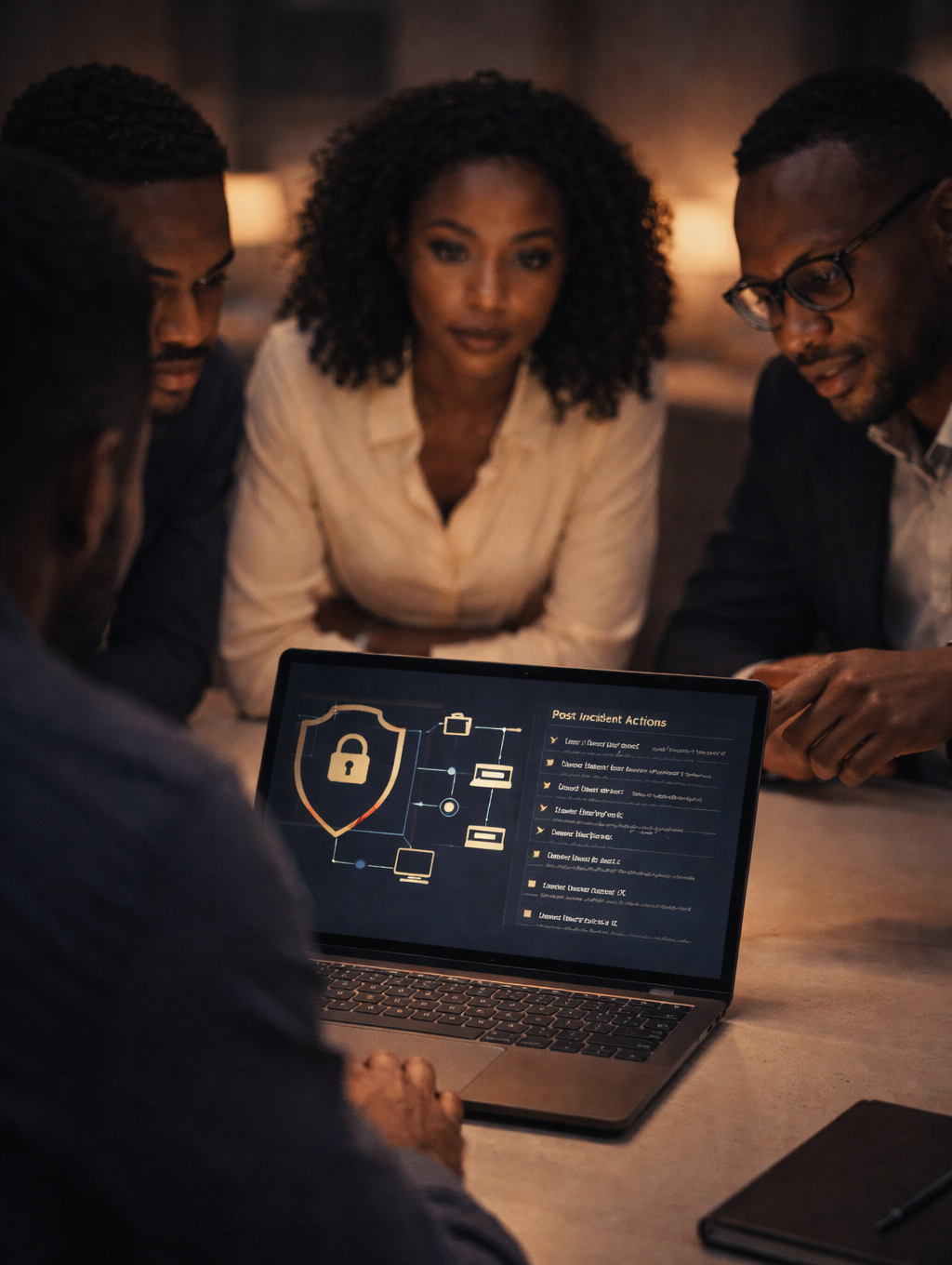 Turn incidents into improvements. SecureWeb guides your team through recovery and strengthening defences. Point-of-view image of IT and business professionals collaborating around a laptop showing a network diagram and a “Post-Incident Actions” checklist, symbolising SecureWeb’s support for recovery, root-cause analysis, and stronger security for African SMEs.