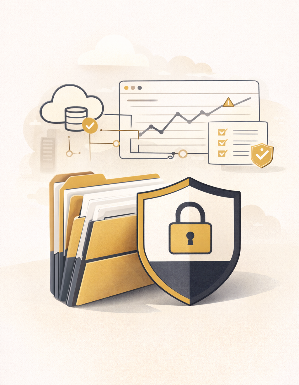 Illustration of stacked policy folders with a shield and padlock in front of a simple security dashboard, symbolising SecureWeb’s Ongoing Compliance & Managed Security service that provides continuous monitoring, policy maintenance and cloud security support for African organisations.