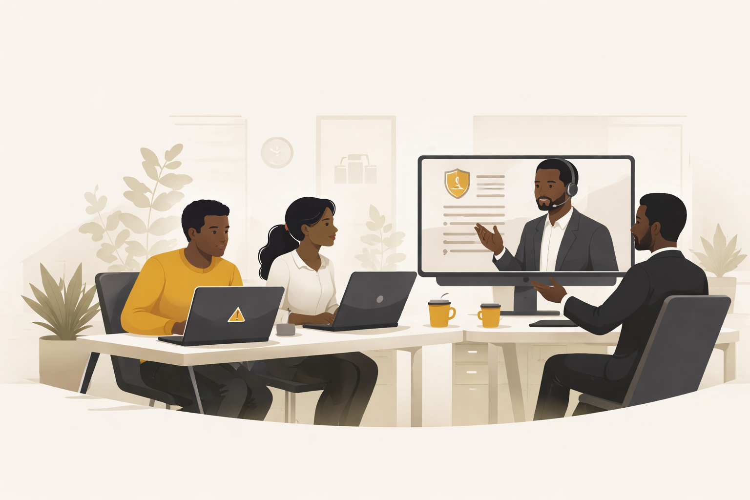 Illustration of a small African business team on a video call with an external cybersecurity advisor, representing SecureWeb providing ongoing compliance and managed security support for SMEs that don’t have in-house security staff.