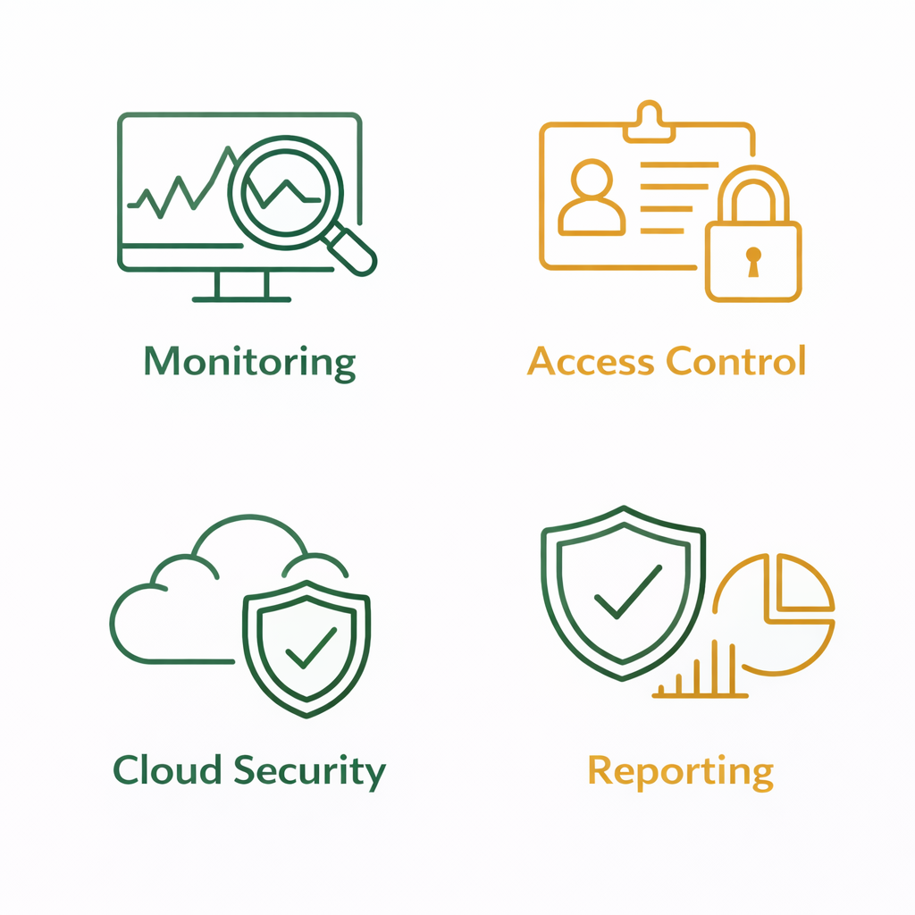 Four SecureWeb line icons representing monitoring, access control, cloud security and reporting, illustrating the core elements of the Ongoing Protection & Managed Security service for African organisations.
