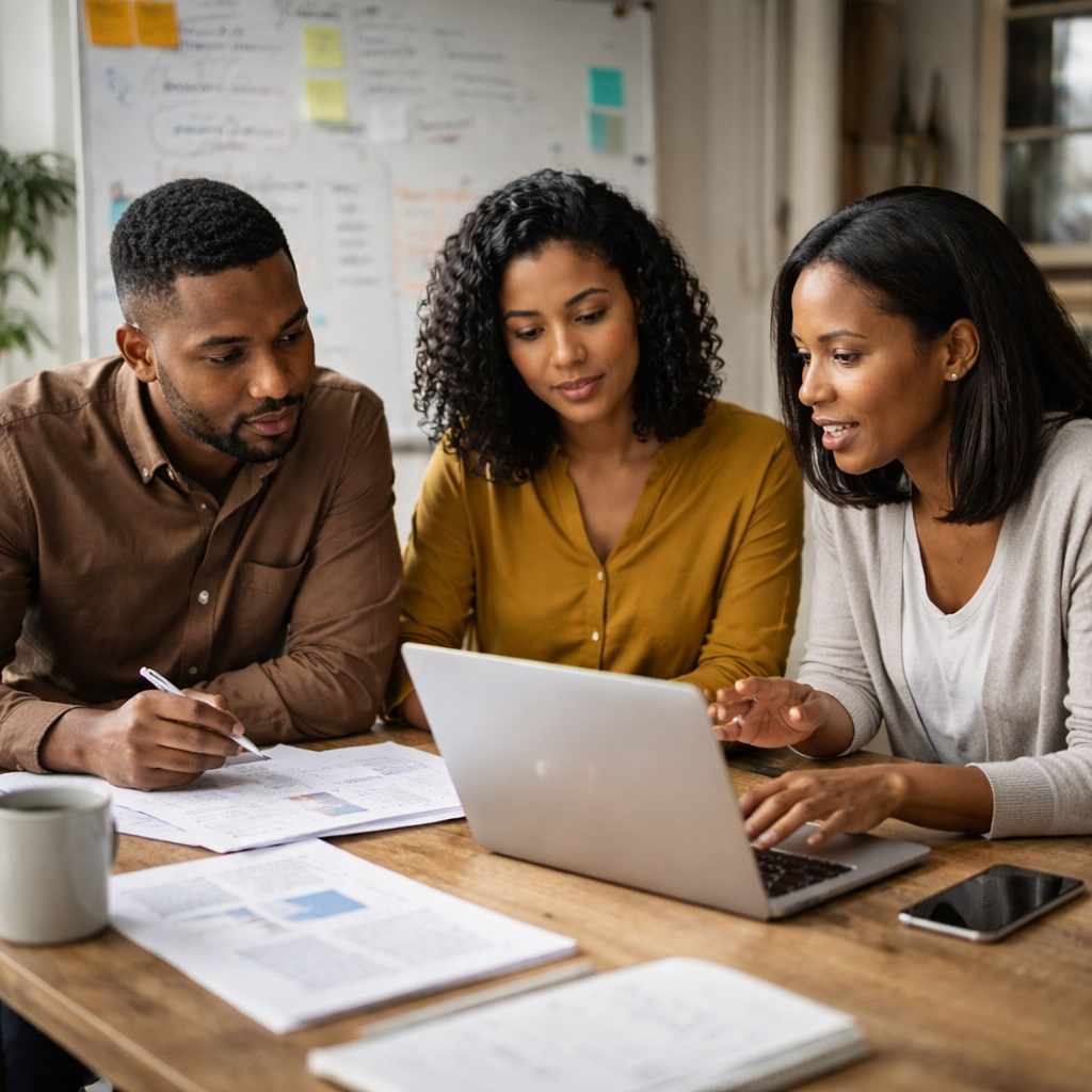 Photo of three African professionals collaborating at a desk with a laptop and documents, representing SecureWeb’s practical security and compliance services that help growing organisations reduce digital risk and meet data protection requirements.